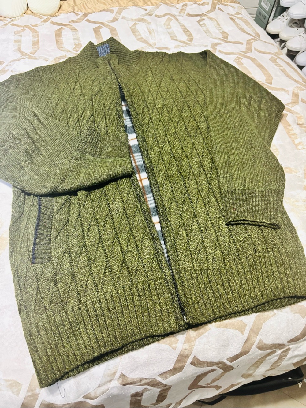 Olive Green Men's Knit Zip Cardigan Sweater